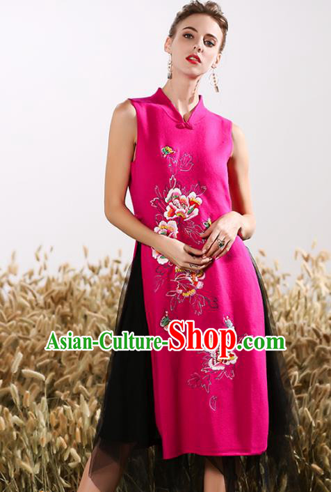 Chinese National Costume Embroidered Peony Rosy Cheongsam Vintage Veil Qipao Dress for Women