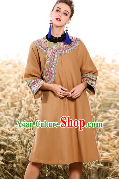Chinese National Costume Traditional Khaki Blouse Tang Suit Shirts for Women