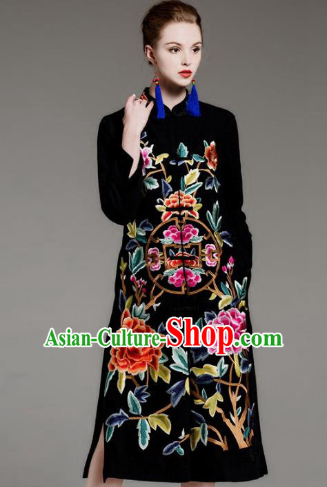 Chinese National Costume Embroidered Peony Coats Traditional Black Dust Coat for Women