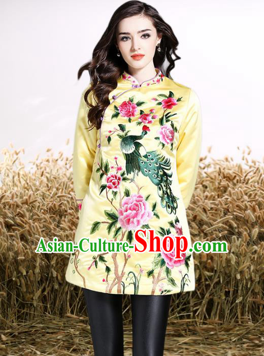 Chinese National Costume Tang Suit Yellow Shirts Traditional Embroidered Peony Blouse for Women