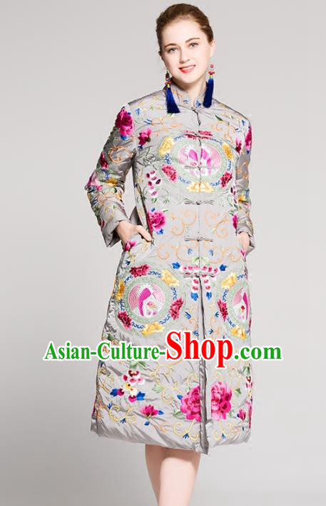 Chinese National Costume Embroidered Cotton-Padded Coats Traditional Grey Dust Coat for Women