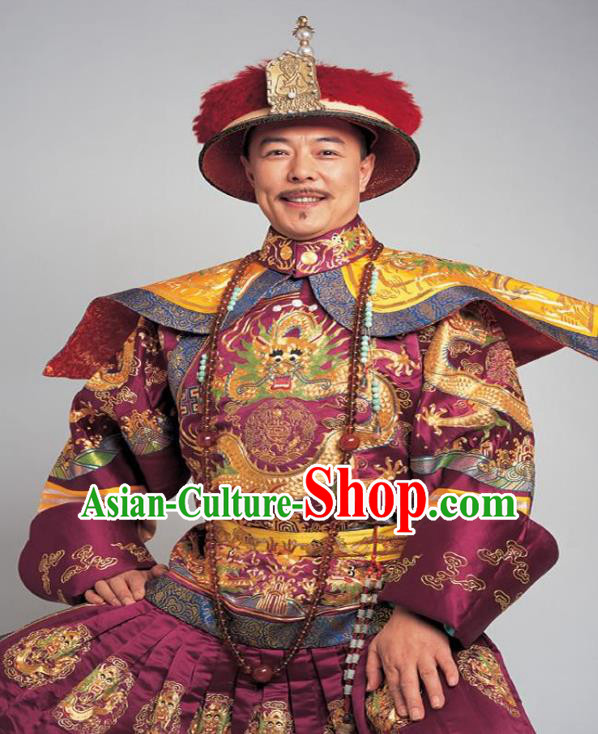 Chinese Traditional Majesty Historical Costume China Qing Dynasty Qianlong Emperor Embroidered Dragon Robe Clothing