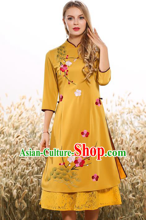 Chinese National Costume Tang Suit Yellow Qipao Dress Traditional Embroidered Peach Blossom Cheongsam for Women