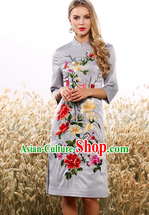 Chinese National Costume Tang Suit Grey Qipao Dress Traditional Embroidered Flowers Cheongsam for Women