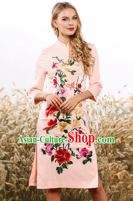 Chinese National Costume Tang Suit Pink Qipao Dress Traditional Embroidered Flowers Cheongsam for Women