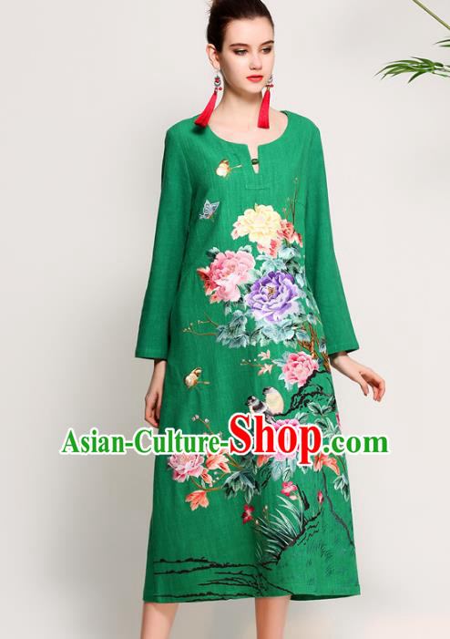 Chinese National Costume Tang Suit Green Qipao Dress Traditional Embroidered Peony Flowers Cheongsam for Women