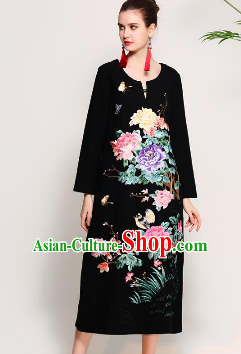Chinese National Costume Tang Suit Black Qipao Dress Traditional Embroidered Peony Flowers Cheongsam for Women