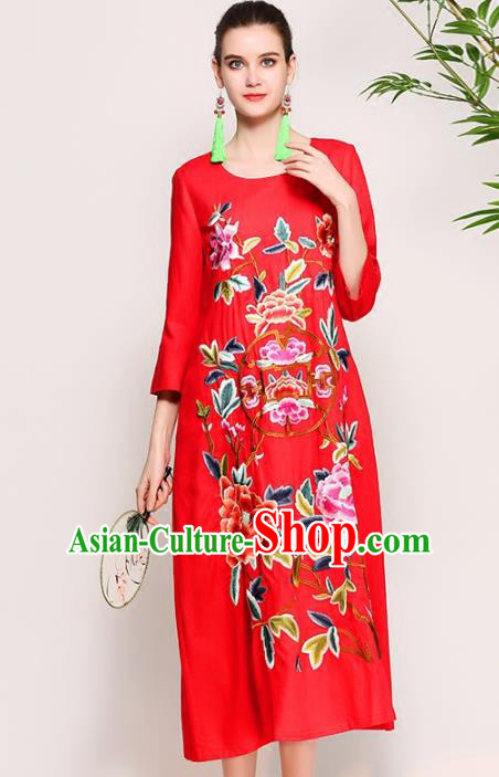 Chinese National Costume Tang Suit Qipao Dress Traditional Embroidered Peony Red Cheongsam for Women