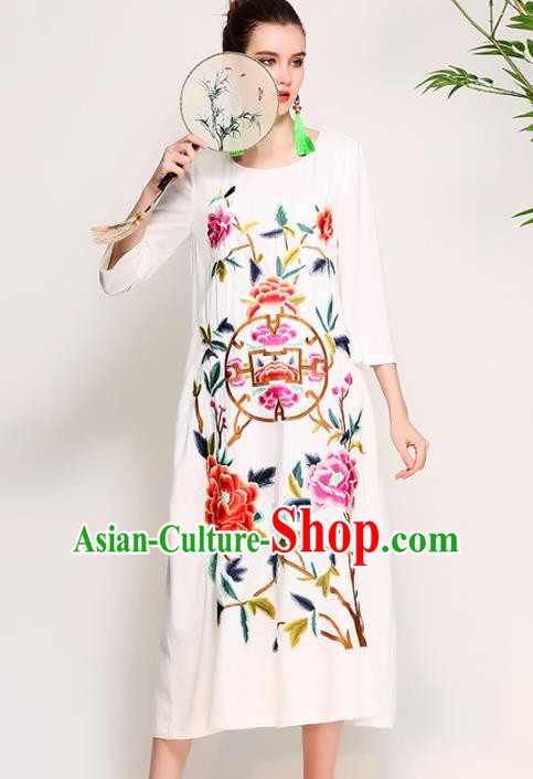 Chinese National Costume Tang Suit Qipao Dress Traditional Embroidered Peony White Cheongsam for Women