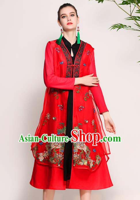 Chinese National Costume Tang Suit Red Dust Coats Traditional Embroidered Coat for Women