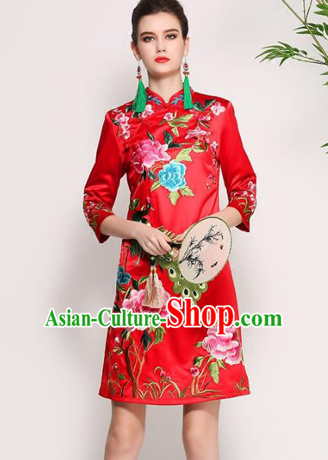 Chinese National Costume Tang Suit Red Silk Qipao Dress Traditional Embroidered Peony Cheongsam for Women