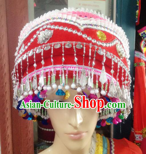 Traditional Chinese Bai Nationality Hair Accessories Red Hats Yi Ethnic Minority Headwear for Women