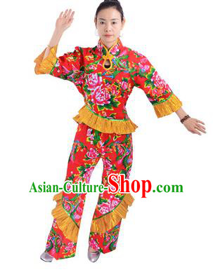 Traditional Chinese Yangge Fan Dance Costume, China Folk Dance Yangko Red Clothing for Women