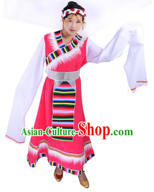 Traditional Chinese Zang Nationality Dance Costume, Tibetan Female Folk Dance Ethnic Minority Embroidery Rosy Dress for Women