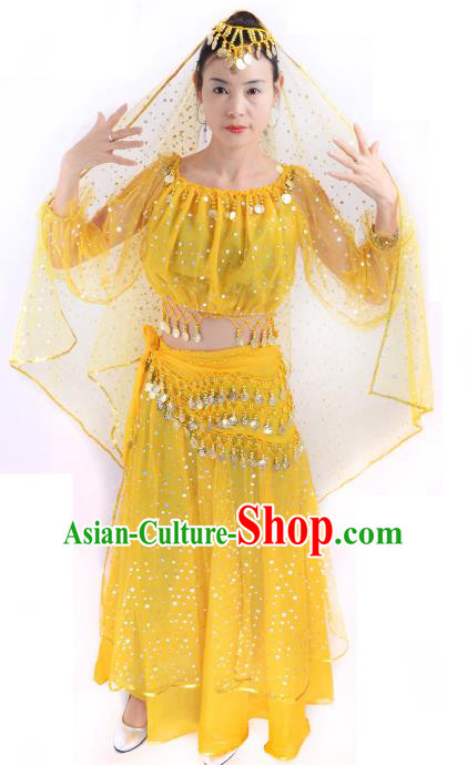 Traditional India Folk Dance Costume, Indian Female Dance Yellow Dress for Women