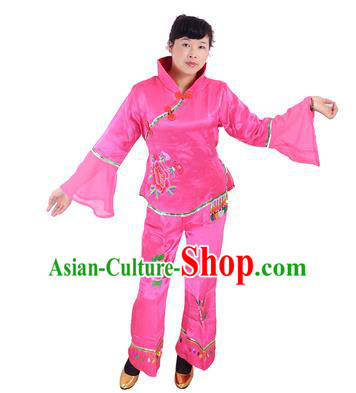 Traditional Chinese Classical Dance Yangge Fan Dancing Costume, Folk Dance Drum Dance Rosy Uniform Yangko Costume for Women