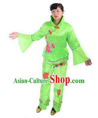 Traditional Chinese Classical Dance Yangge Fan Dancing Costume, Folk Dance Drum Dance Green Uniform Yangko Costume for Women