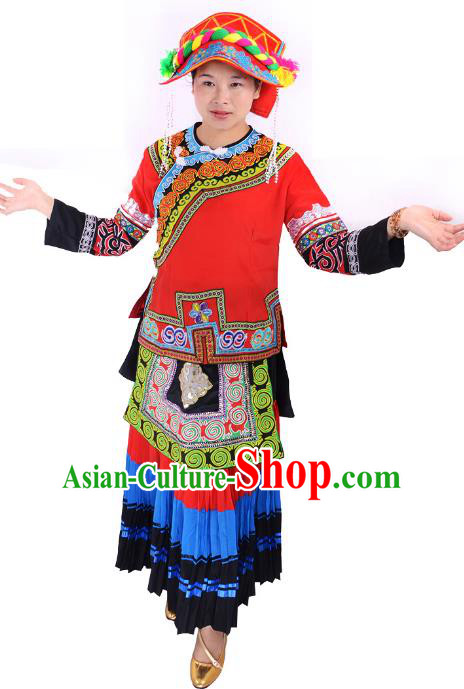 Traditional Chinese Yi Nationality Minority Dance Costume, Female Folk Dance Yi Ethnic Pleated Skirt Clothing for Women
