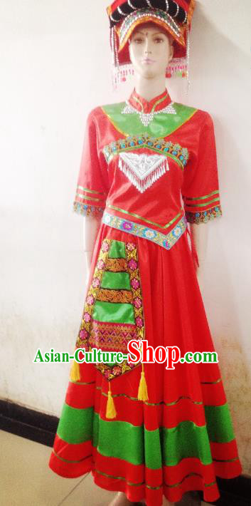 Traditional Chinese Yi Nationality Minority Wedding Costume, Female Folk Dance Yi Ethnic Pleated Skirt Clothing for Women