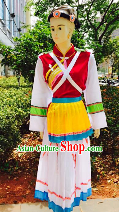 Traditional Chinese Naxi Nationality Minority Dance Costume, Female Folk Dance Yi Ethnic Clothing for Women