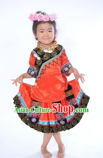 Traditional Chinese Yi Nationality Dance Costume, Folk Dance Ethnic Dance Red Dress for Kids