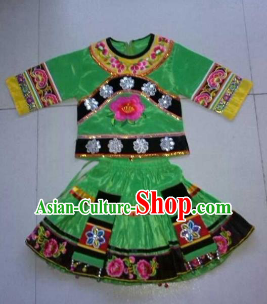 Traditional Chinese Yi Nationality Dance Embroidery Green Costume, Folk Dance Ethnic Dance Dress for Kids