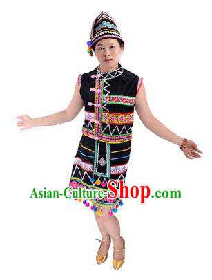 Traditional Chinese Gaoshan Nationality Folk Dance Costume China Ethnic Minority Black Dress for Women