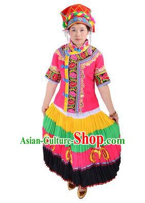 Traditional Chinese Yi Nationality Folk Dance Pink Costume China Ethnic Minority Pleated Skirt for Women