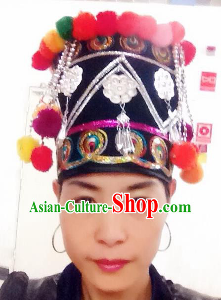 Traditional Chinese Hani Nationality Hair Accessories Tassel Hats Ethnic Minority Headwear for Women