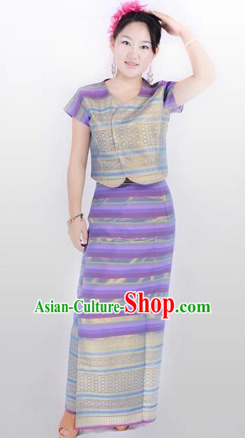 Traditional Chinese Dai Nationality Costume, China Peacock Dance Folk Dance Purple Dress for Women