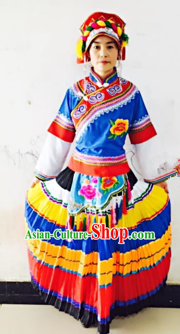 Traditional Chinese Yi Nationality Dance Costume Blue Dress Folk Dance Ethnic Clothing for Women