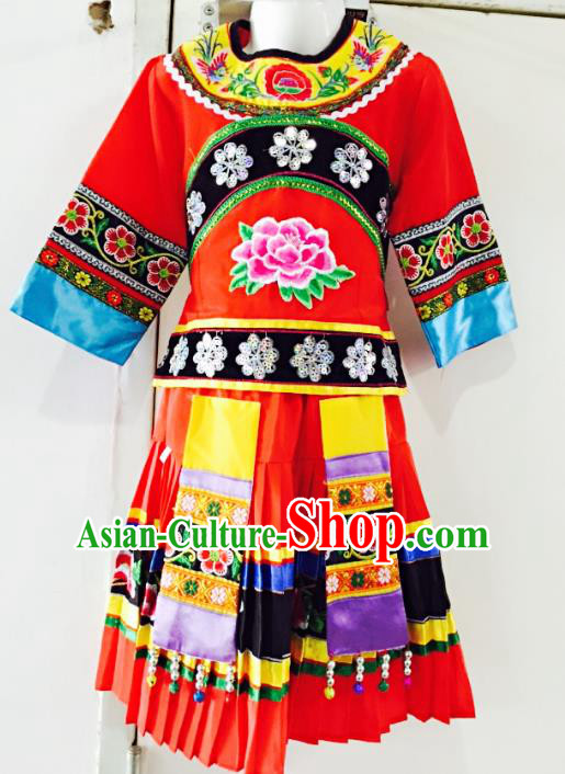 Traditional Chinese Jingpo Nationality Dance Costume Folk Dance Ethnic Red Dress Clothing for Kids