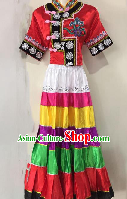 Traditional Chinese Yi Nationality Performance Dance Dress Folk Dance Ethnic Embroidered Costume for Women