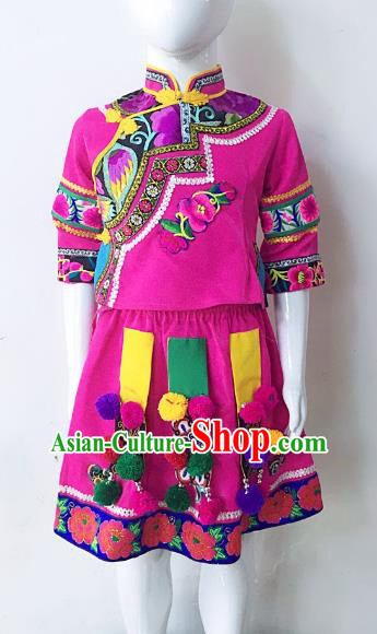Traditional Chinese Yi Nationality Minority Embroidered Costume Folk Dance Clothing Rosy Dress for Kids