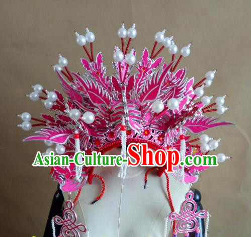 Chinese Traditional Beijing Opera Empress Pink Phoenix Coronet Hair Accessories Peking Opera Actress Hats Headwear