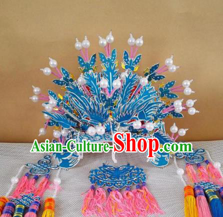 Chinese Traditional Beijing Opera Diva Blue Butterfly Phoenix Coronet Hair Accessories Peking Opera Actress Hats Headwear