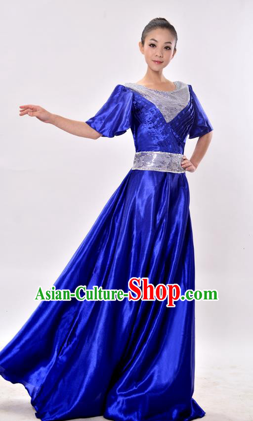 Traditional Chinese Modern Dance Chorus Costume, Women Opening Dance Blue Dress for Women