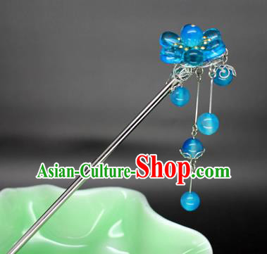 Chinese Ancient Handmade Hair Accessories Deep Blue Beads Tassel Step Shake Hair Stick Hairpins for Women