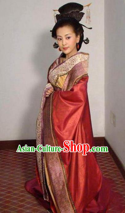Ancient Traditional Chinese Han Dynasty Empress Dowager Ding Tao Hanfu Dress Replica Costume for Women