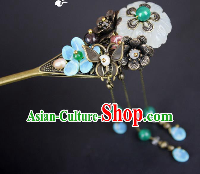 Chinese Ancient Handmade Hair Accessories Hairpins Classical Hanfu Green Beads Step Shake for Women
