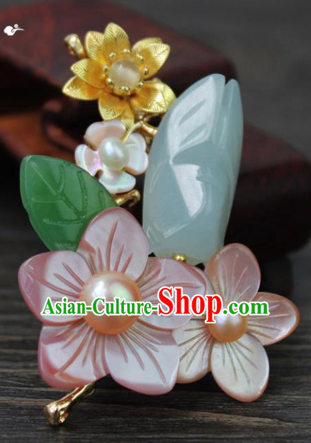 Chinese Ancient Handmade Accessories Jade Cicada Flowers Brooch for Women
