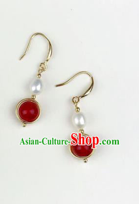 Chinese Ancient Handmade Accessories Eardrop Pearl Red Earrings for Women