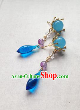 Chinese Ancient Handmade Accessories Hanfu Blue Crystal Earrings for Women