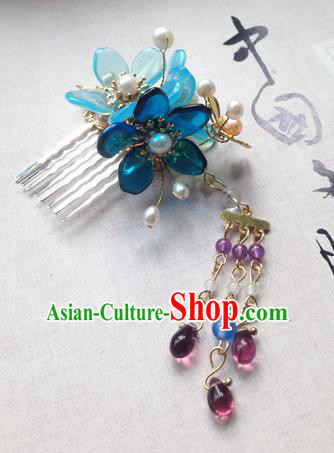 Chinese Ancient Hanfu Tassel Handmade Hairpins Hair Accessories Blue Flowers Hair Comb for Women