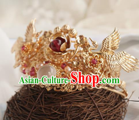 Chinese Ancient Handmade Golden Crane Hair Crown Hanfu Hairpins Hair Accessories for Women