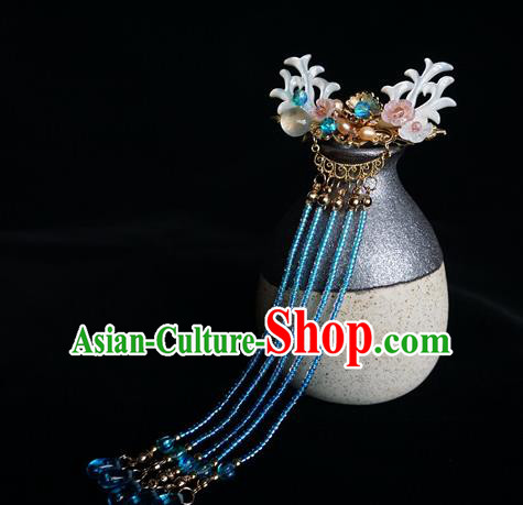 Chinese Ancient Handmade Hanfu Blue Beads Tassel Hairpins Step Shake Hair Accessories for Women