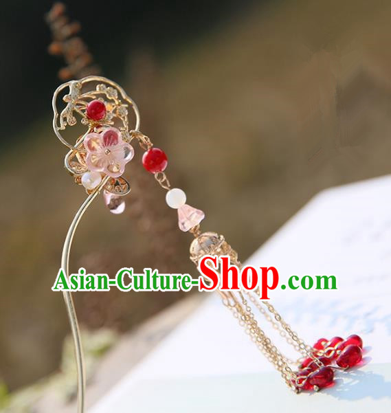 Chinese Ancient Handmade Hanfu Red Beads Tassel Step Shake Hairpins Palace Lady Hair Accessories for Women