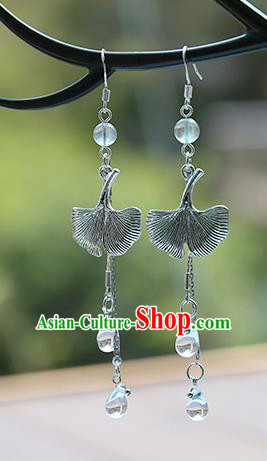 Chinese Handmade Ancient Jewelry Accessories Hanfu Tassel Ginkgo Leaf Earrings for Women