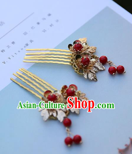 Chinese Ancient Handmade Hanfu Red Beads Tassel Hair Combs Hairpins Hair Accessories for Women