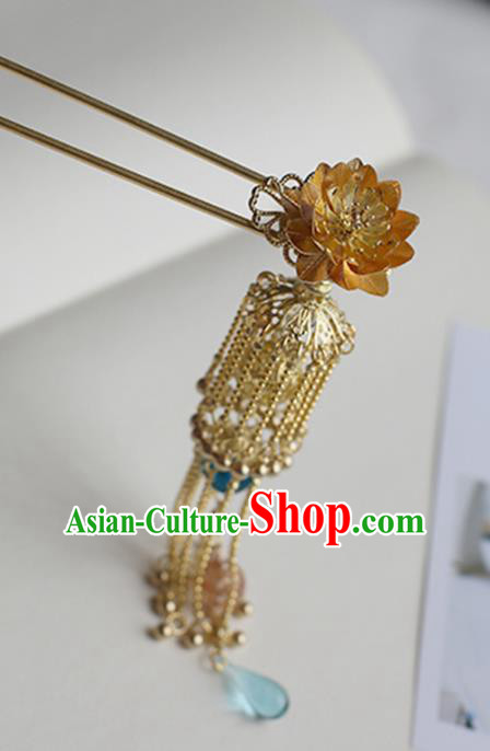 Chinese Ancient Hanfu Handmade Tassel Hair Clips Golden Lotus Hairpins Hair Accessories for Women